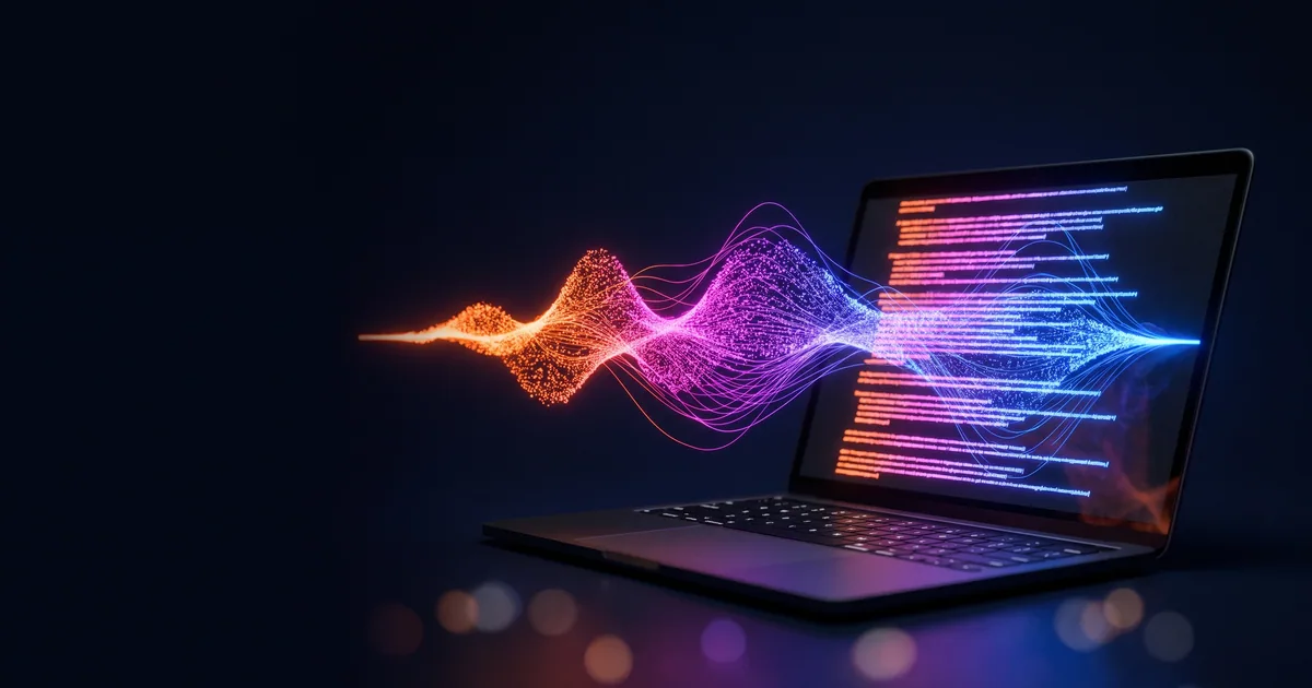Eine leuchtende Schallwelle läuft in einen Laptop und wird dort zu Textzeilen